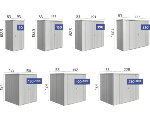 Různé velikosti kovových skříní s rozměry