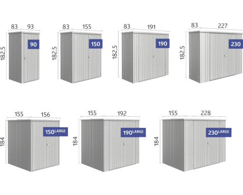 Různé velikosti zahradních domků s rozměry