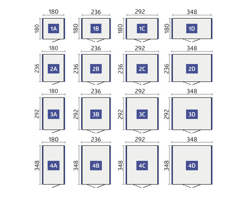 Diagram s rozměry pro různé produkty