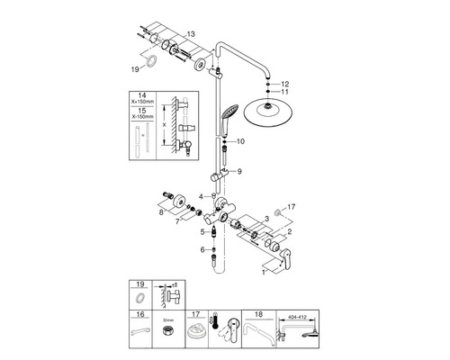Rozkreslený nákres sprchového systému s různými díly a komponenty.