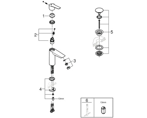 Rozkreslený nákres umyvadlové baterie s díly
