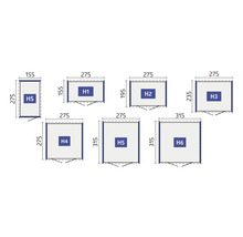 Ilustrace zahradních domků různých velikostí s rozměry