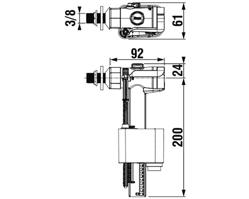 Technický nákres napouštěcího ventilu s rozměry