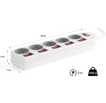 Prodlužovací kabel s pěti zásuvkami a spínači, 29 x 7 centimetrů