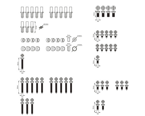 Technický nákres hmoždinek, šroubů a podložek s rozměry