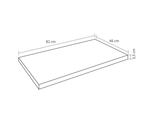 Pohled shora na pracovní desku o rozměrech 81 cm délka, 46 cm šířka a 3,5 cm výška