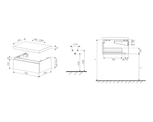 Technický nákres skříňky pod umyvadlo s rozměry