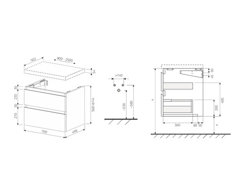 Rozměrový nákres skříňky pod umyvadlo s umyvadlem