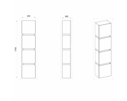 Technický nákres vysoké koupelnové skříňky se čtyřmi přihrádkami o rozměrech 1700 x 400 x 260 milimetrů.