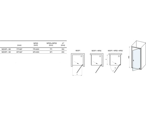 Technický výkres sprchového koutu s rozměry