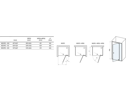 Technický nákres sprchového koutu s rozměry