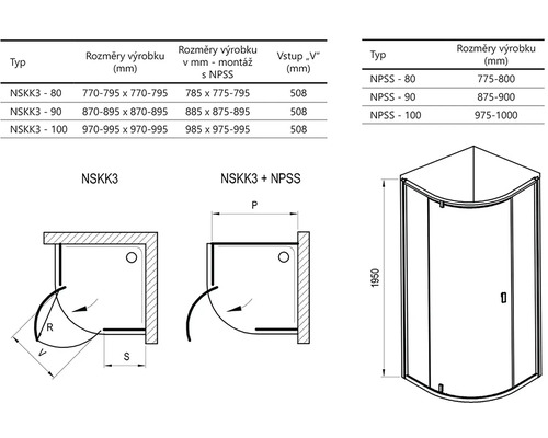 Technický výkres sprchového koutu s rozměry a typovým označením