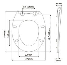 Technický výkres WC sedátka s rozměry.