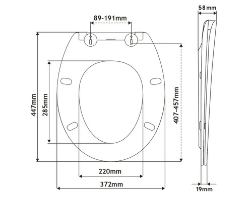 Technický výkres WC sedátka s rozměry.