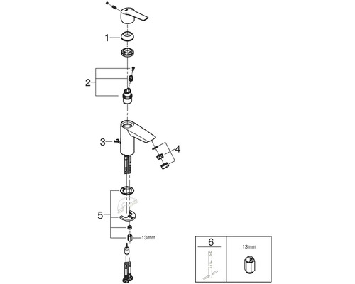 Rozkreslený nákres armatury s jednotlivými díly a příslušenstvím
