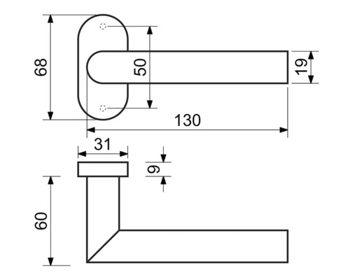 Technický výkres kliky dveří s rozměry