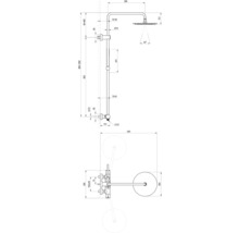 Technický výkres sprchového systému s rozměry.