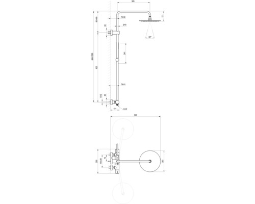 Technický výkres sprchového systému s rozměry.