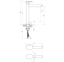 Technický výkres umyvadlové baterie s rozměry