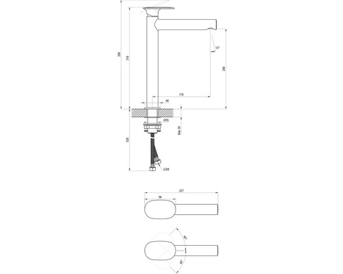 Technický výkres umyvadlové baterie s rozměry