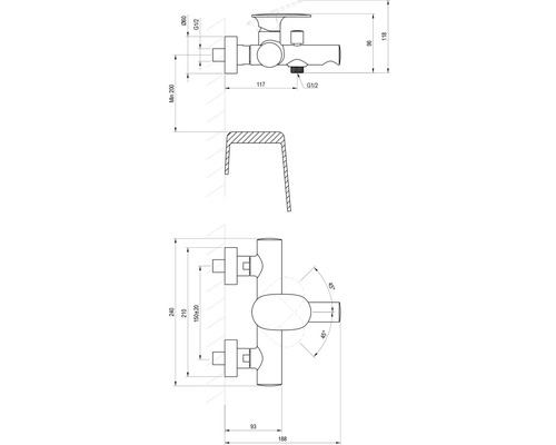 Technický výkres armatury s rozměry.