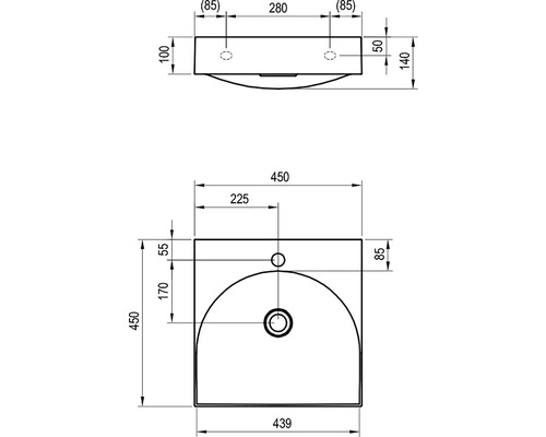 Technický výkres umyvadla s rozměry