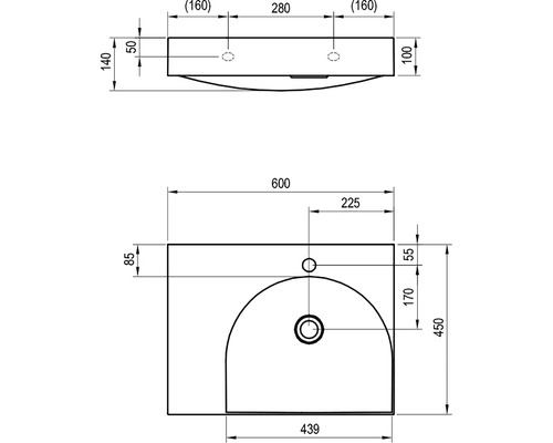 Technický nákres umyvadla s rozměry