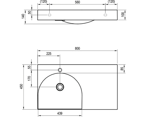 Technický nákres umyvadla s rozměry