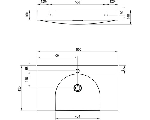 Technický výkres umyvadla s rozměry.