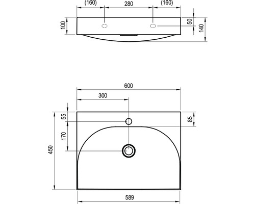 Technický nákres umyvadla s rozměry.