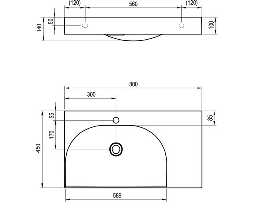 Nákres umyvadla s rozměry