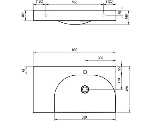 Technický nákres umyvadlové desky s rozměry