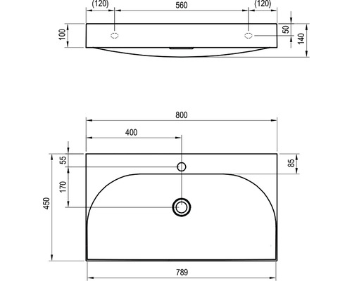 Technický nákres umyvadla s rozměry