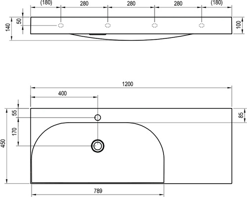 Technický výkres umyvadla o rozměrech 1200 x 450 milimetrů