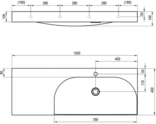 Technický nákres umyvadla s rozměry