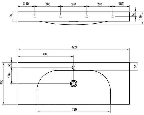 Technický nákres umyvadla s rozměry