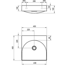 Technický výkres umyvadla s rozměry.