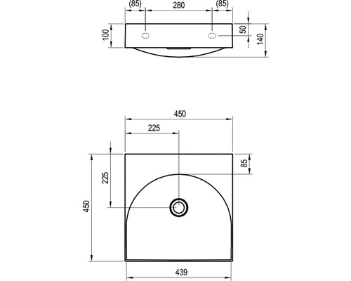 Technický výkres umyvadla s rozměry.