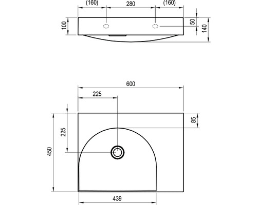 Technický výkres umyvadla s rozměry