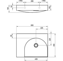Technický výkres umyvadla s rozměry