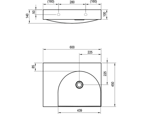Technický výkres umyvadla s rozměry