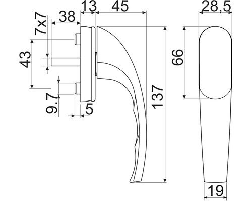 Technický nákres okenní kliky s rozměry