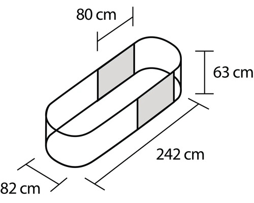 Ilustrace oválního vyvýšeného záhonu o rozměrech 242 cm délka, 82 cm šířka a 63 cm výška.