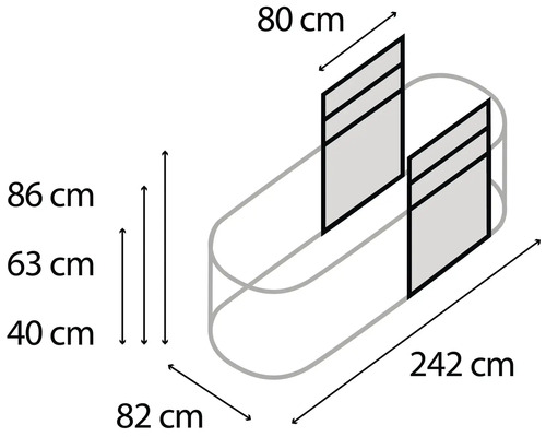 Technický nákres dvojitého umyvadla o rozměrech 242 centimetrů délka, 82 centimetrů šířka a 86 centimetrů výška
