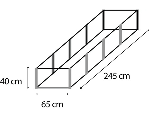 Schéma konstrukce pěstebního stolu o rozměrech 245 cm délka, 65 cm šířka a 40 cm výška.