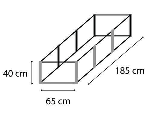 Ilustrace vyvýšeného záhonu o rozměrech 40 cm výška, 65 cm šířka a 185 cm délka.