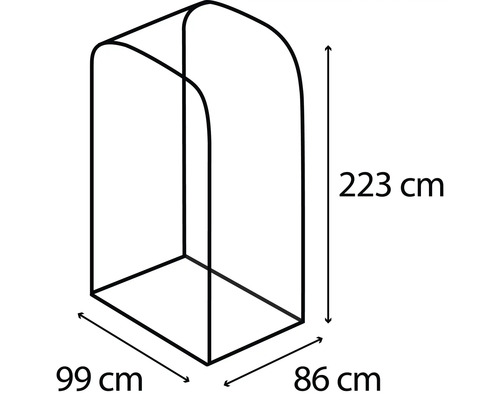Obrázek konstrukce věšáku na oblečení o rozměrech 223 cm výška, 99 cm šířka a 86 cm hloubka.