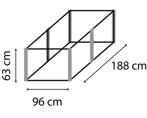 Výkres rozměrů produktu s rozměry 63 cm, 96 cm a 188 cm