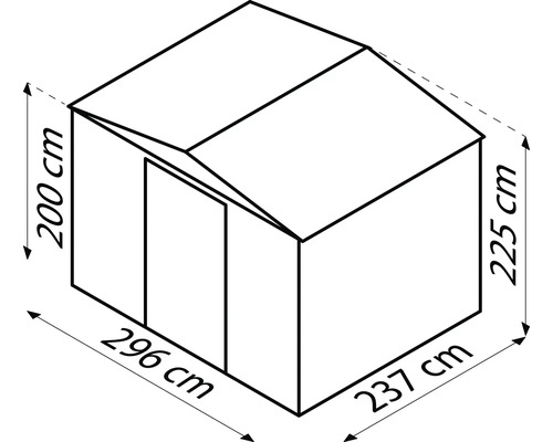 Rozměry zahradního domku: 296 cm x 237 cm x 225 cm, výška: 200 cm