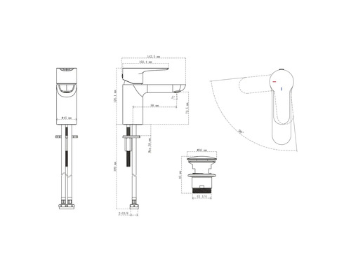 Technický nákres umyvadlové baterie s rozměry.